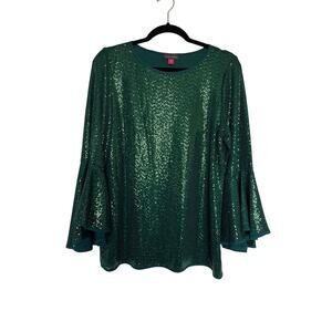 Vince Camuto Sparkle Bell Sleeve Top in Green, M
